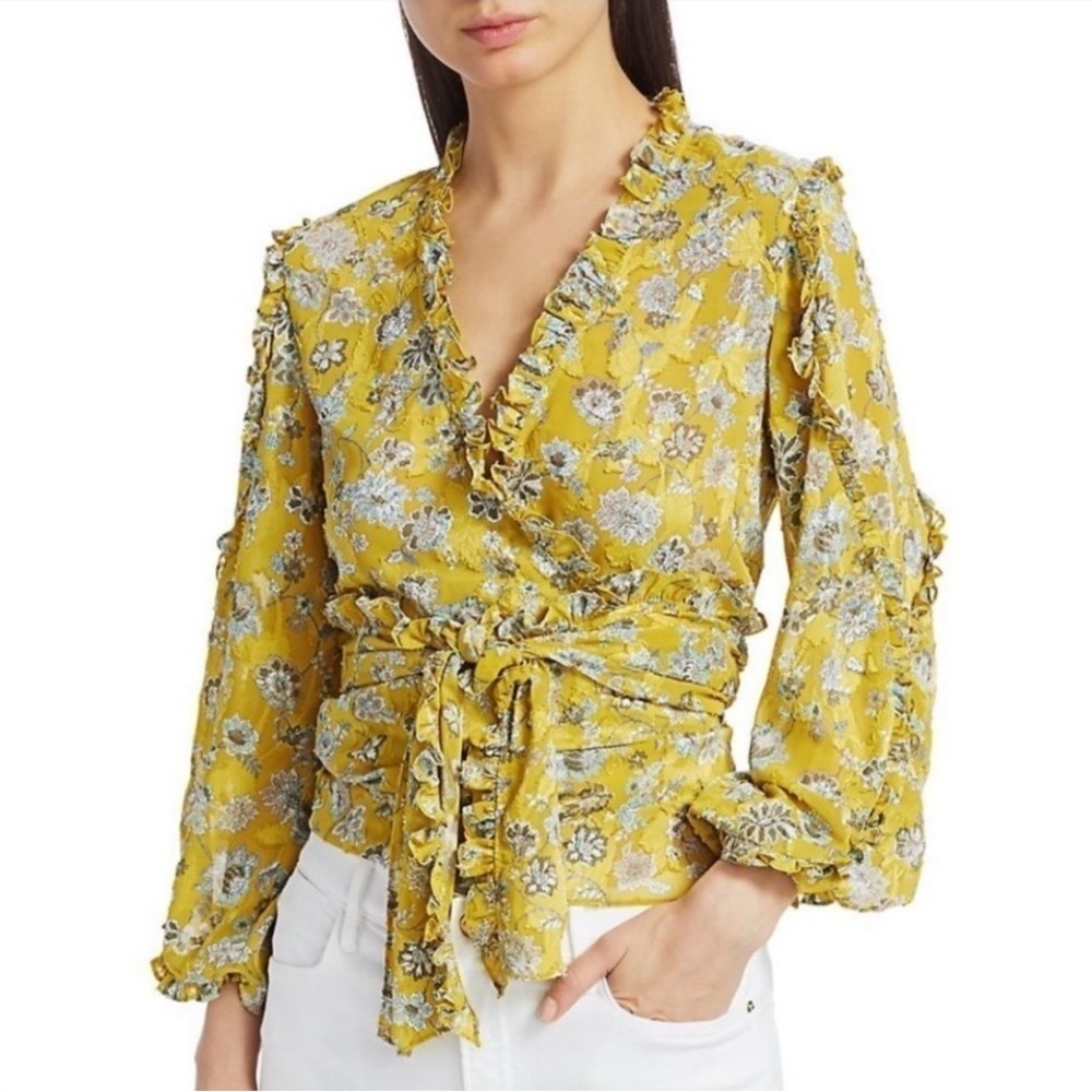 Alexis Odilo Citron Floral Wrap Ruffle Trim Blouse Size Xs New With Tag